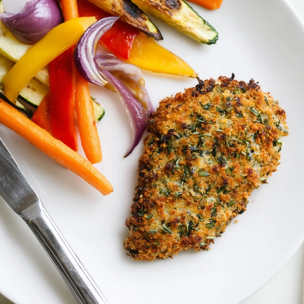 Crispy breadcrumb coated chicken alongside caramelized seasonal vegetables arranged on a rustic wooden serving board