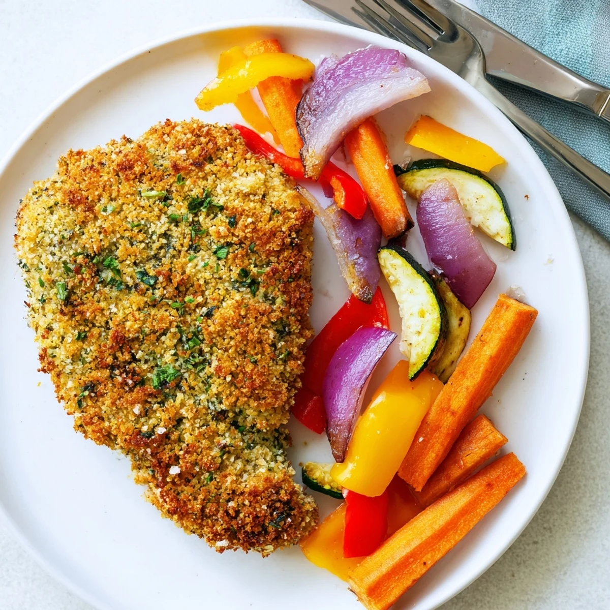 Golden herb crusted chicken breast served with colorful roasted carrots, peppers, and zucchini on a white plate