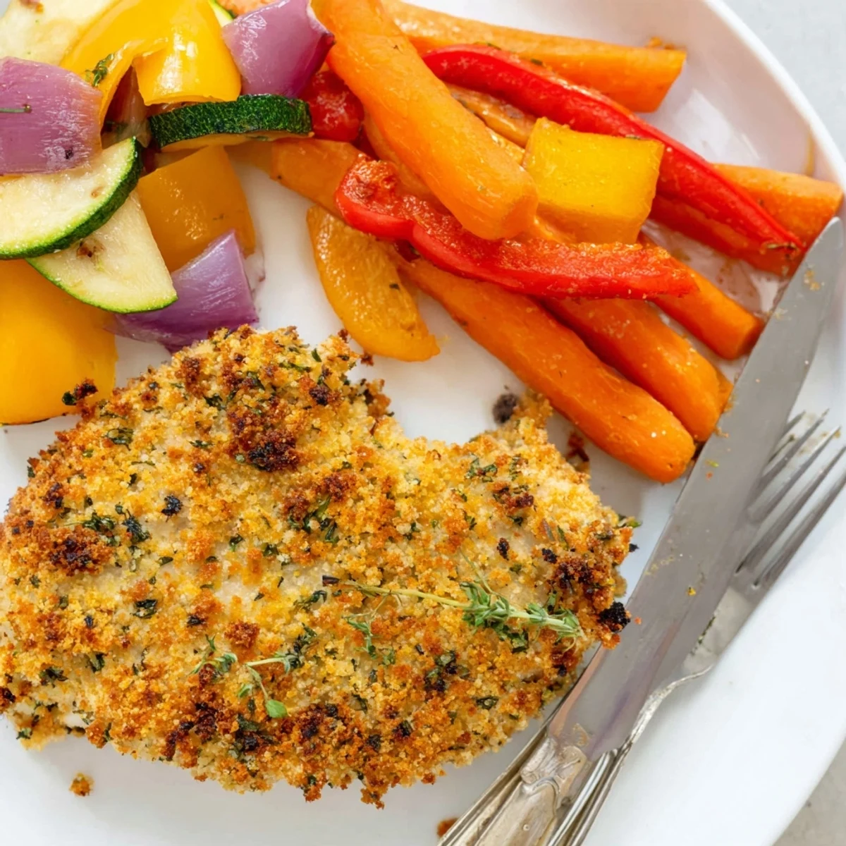 Juicy herb seasoned chicken fillet paired with tender roasted vegetable medley in a casual family dinner setting