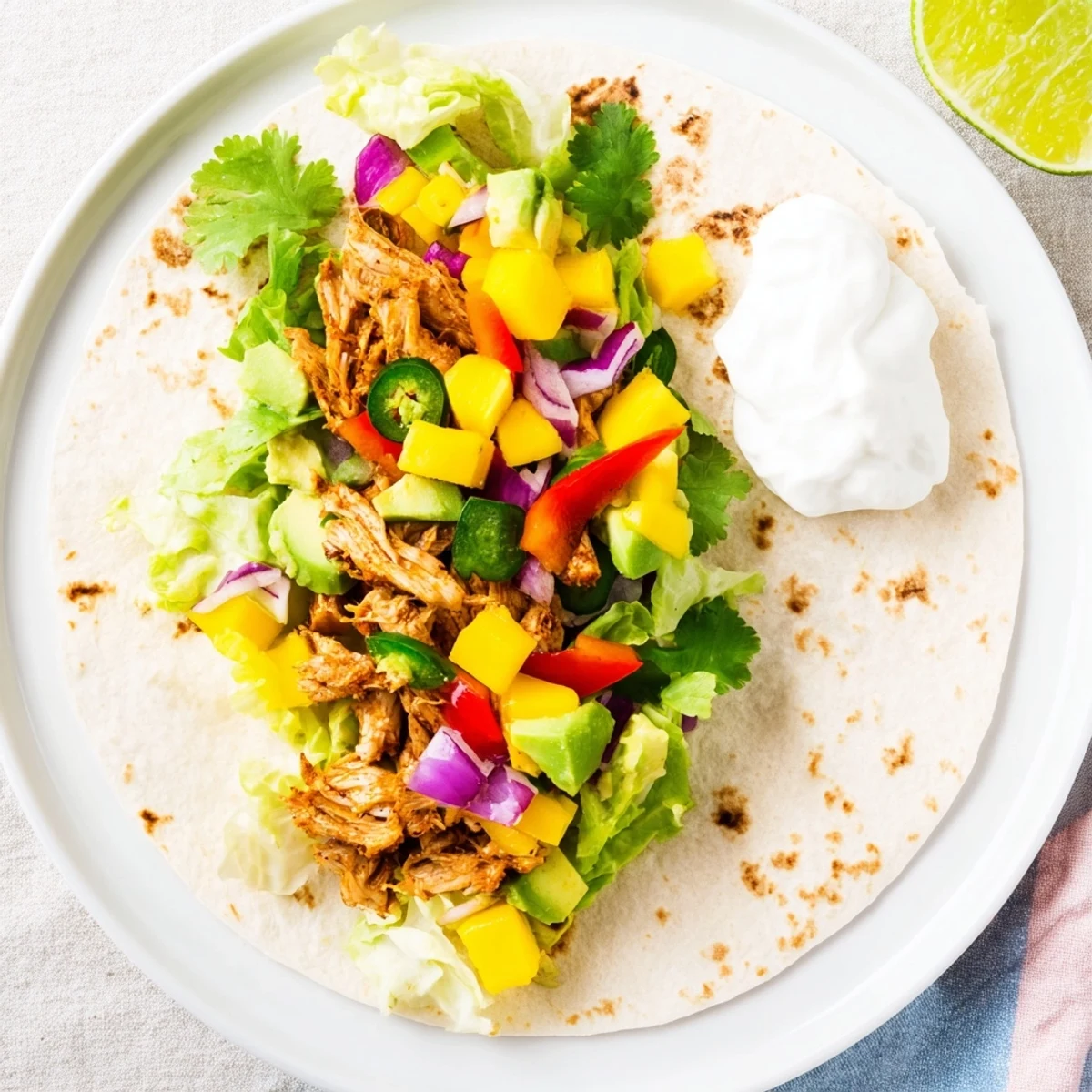 Golden brown grilled chicken slices wrapped in flour tortillas with vibrant avocado mango salsa for summer