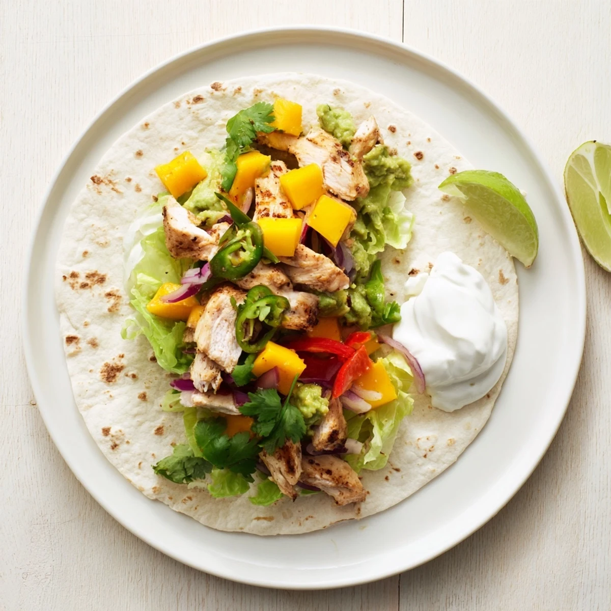 Tasty grilled chicken wrapped in warm tortilla topped with colorful avocado mango salsa and lime wedges