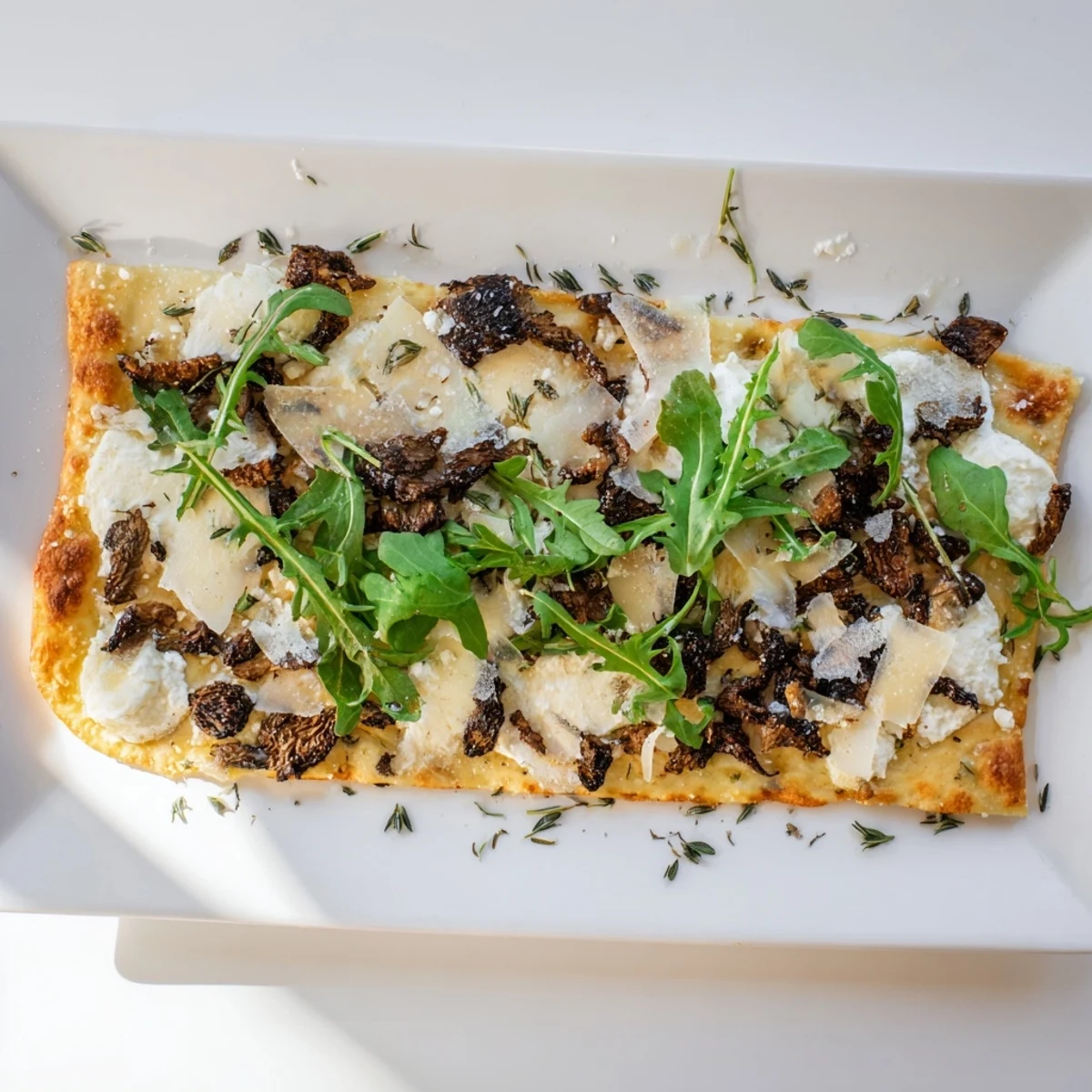 Morel mushroom arugula flatbread topped with melted cheeses and fresh peppery greens
