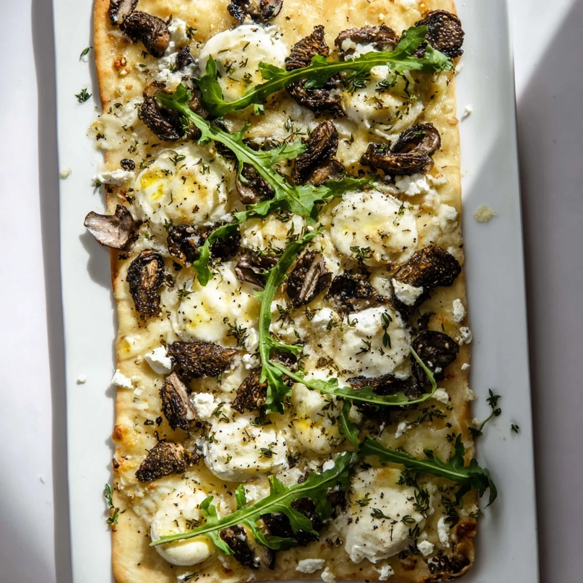 Golden morel mushroom arugula flatbread drizzled with aromatic truffle oil on a wooden board