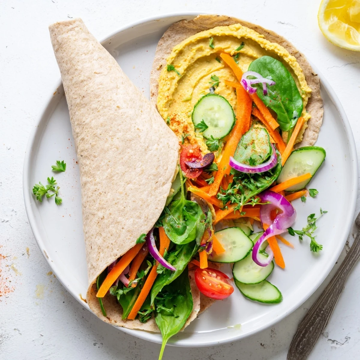 Golden brown tortilla wrap filled with creamy hummus and colorful fresh vegetables sliced diagonally