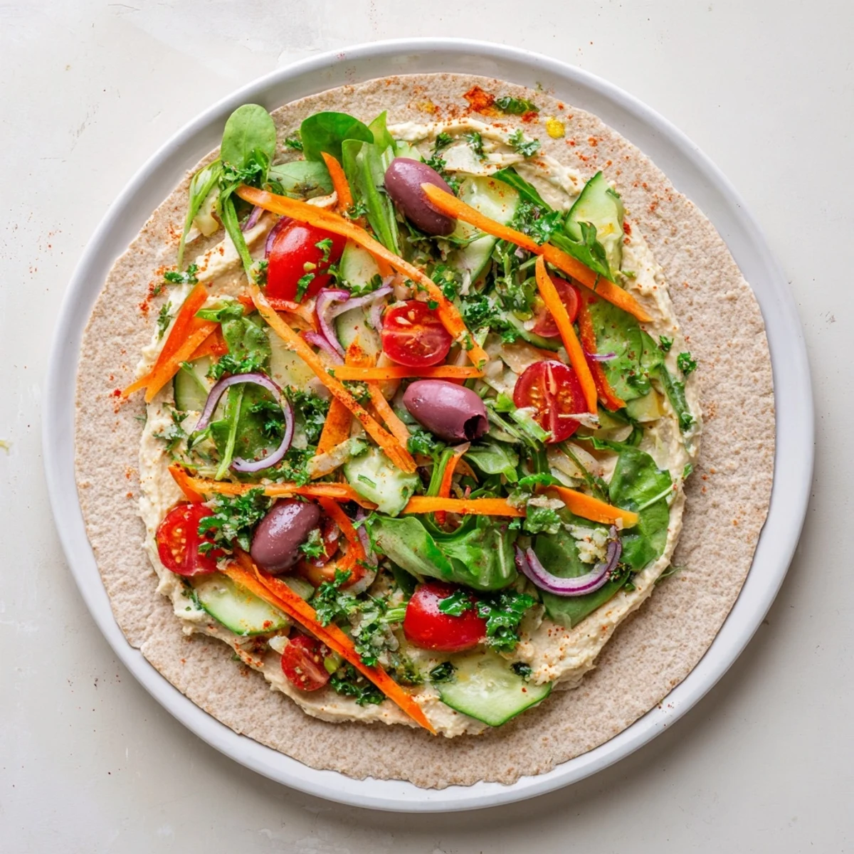 Mediterranean-style heavenly hummus wrap layered with crisp cucumbers, peppers, and spinach on whole wheat tortilla