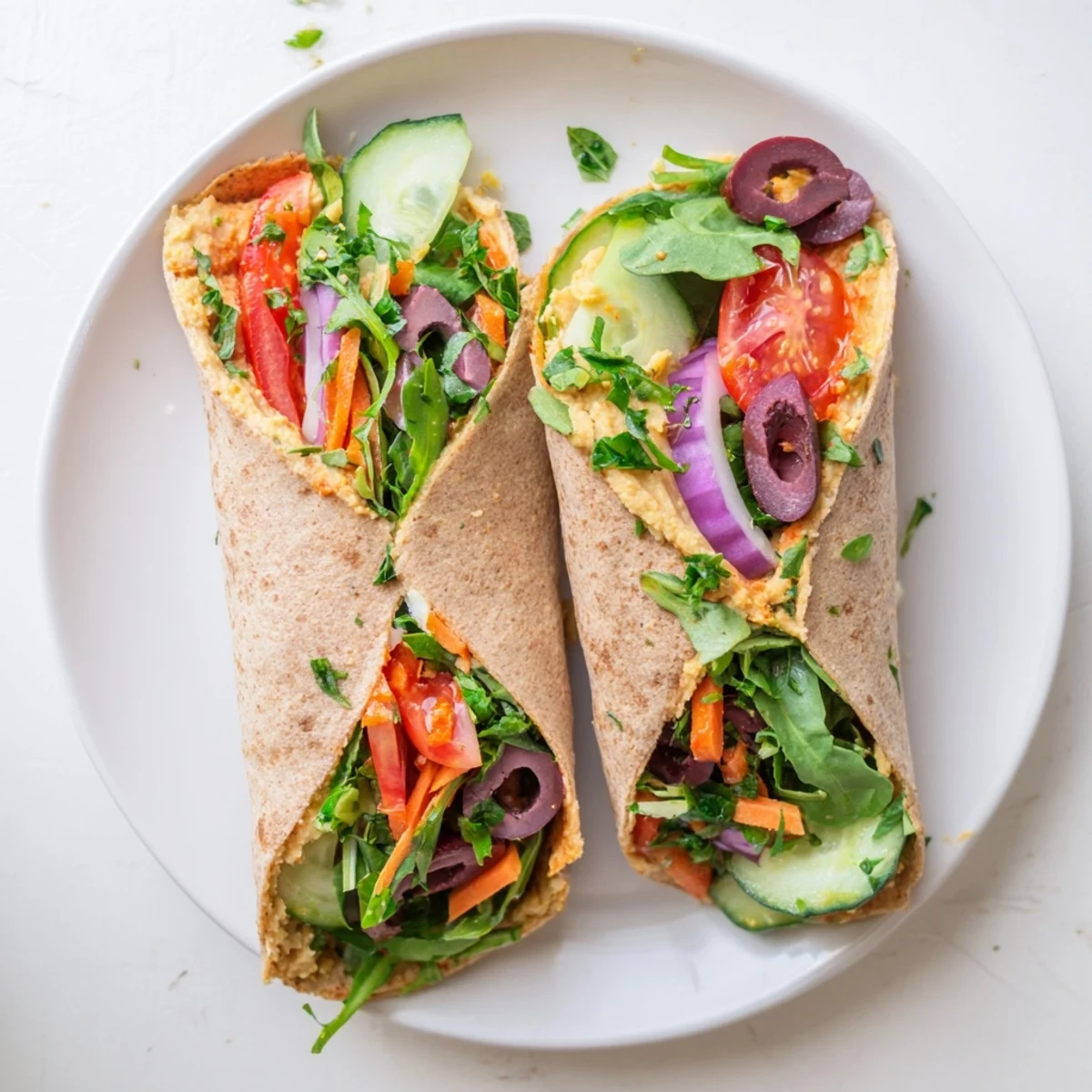 Veggie-packed hummus wrap featuring vibrant red bell pepper, carrots, and cherry tomatoes ready for lunch