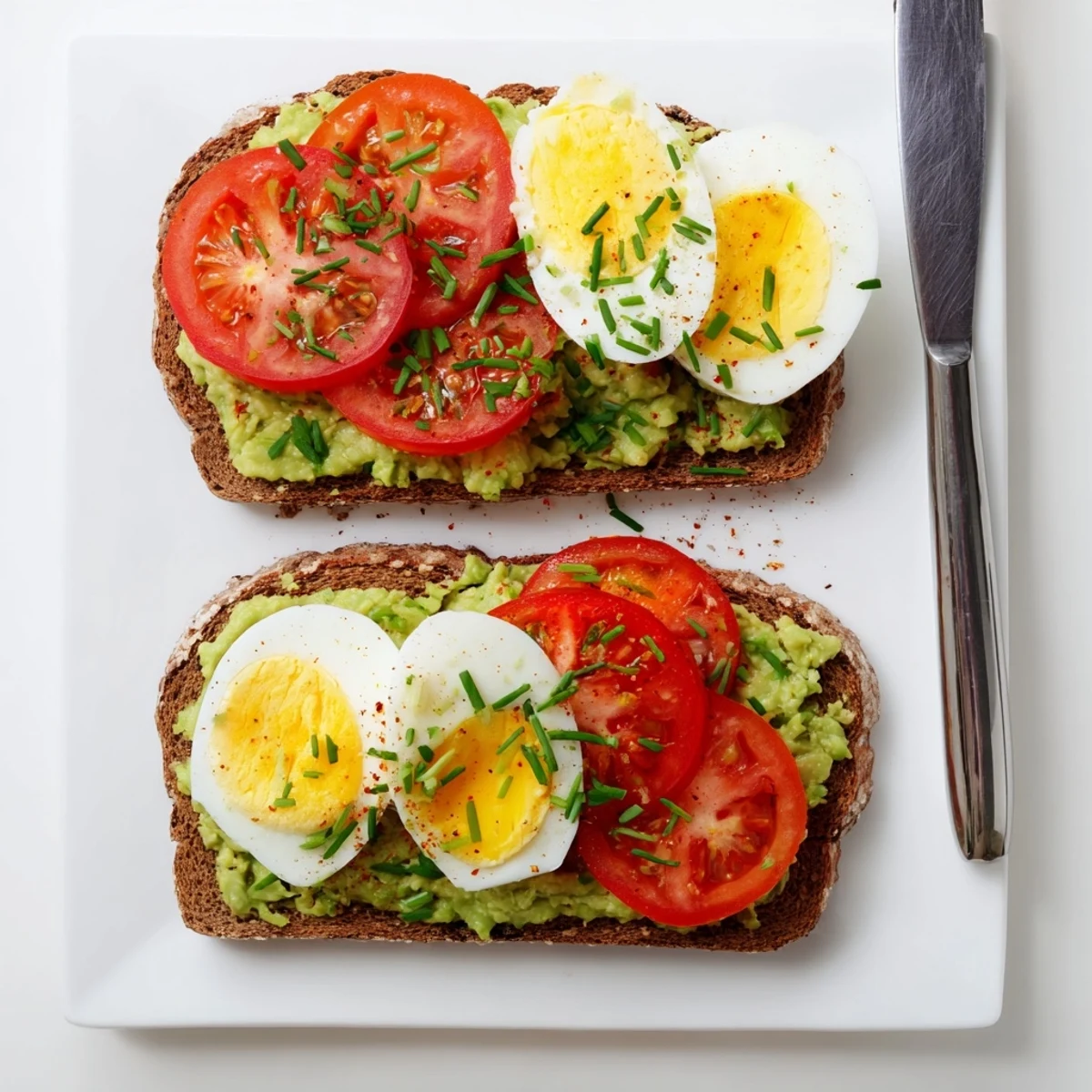Golden toasted bread layered with creamy avocado, juicy tomato slices, and protein-rich hard-boiled egg rounds for a satisfying breakfast