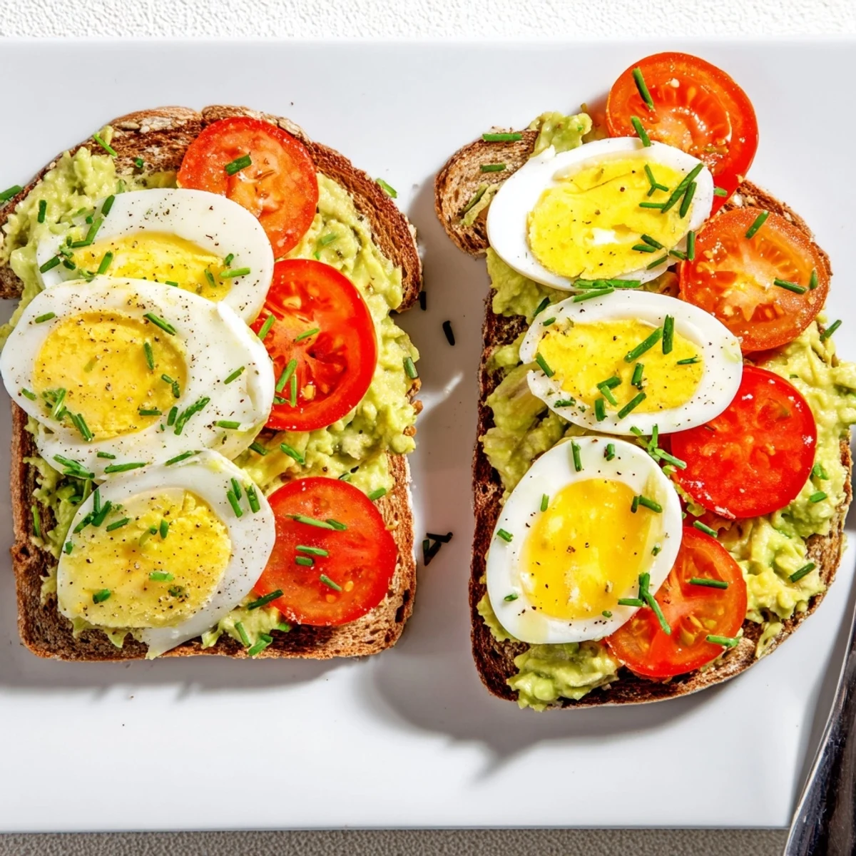 Vibrant avocado toast with tomato and hard-boiled egg recipe featuring ripe red tomato slices atop fluffy green avocado spread