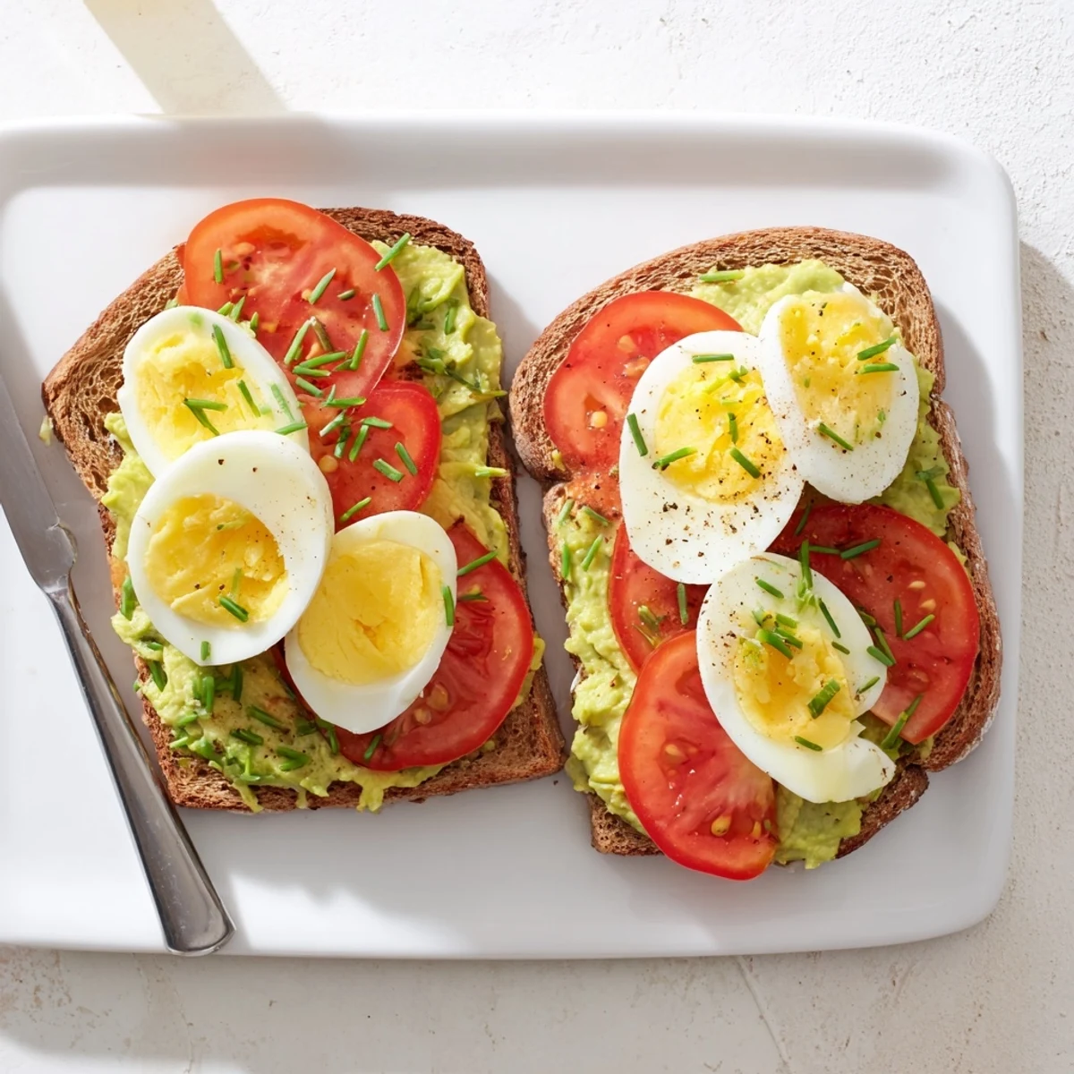 Hearty avocado toast with tomato and hard-boiled egg recipe showcasing layers of mashed avocado, fresh tomatoes, and sliced eggs on crispy sourdough