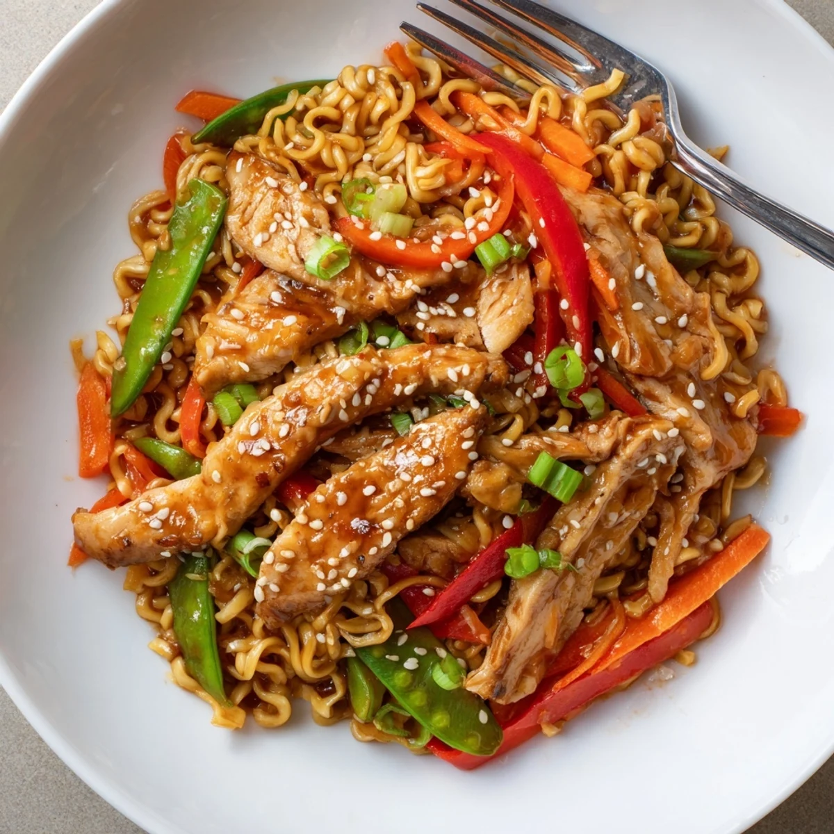 Chicken Ramen Stir Fry with glossy sauce, crisp veggies, and sesame garnish