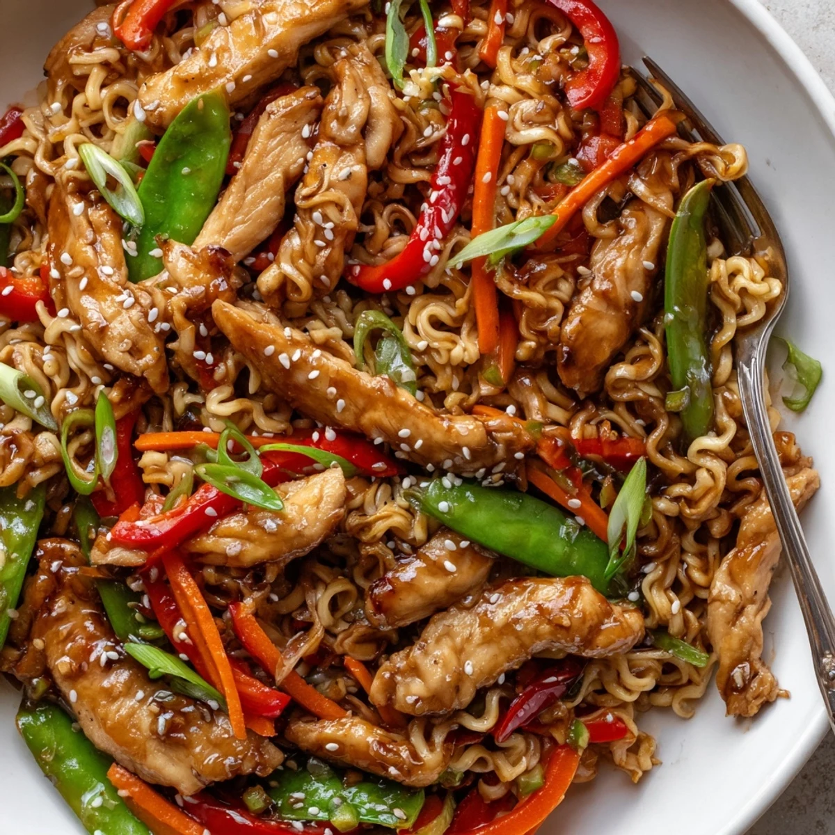 Pan-tossed Chicken Ramen Stir Fry steaming in wok, garlic-ginger aroma