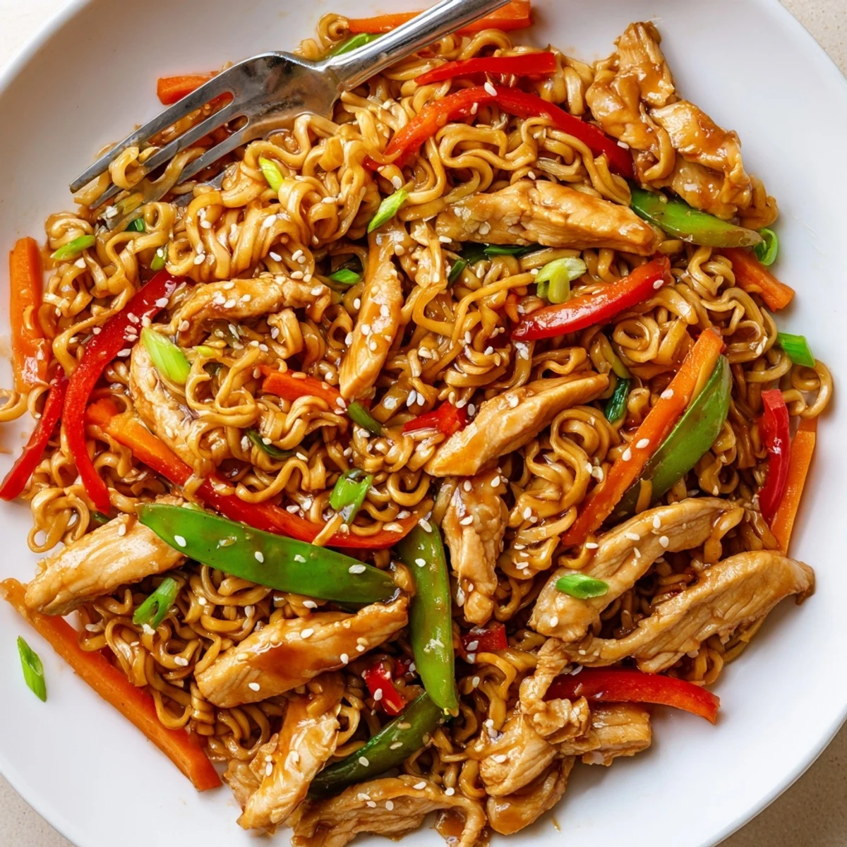 Weeknight Chicken Ramen Stir Fry topped with toasted sesame seeds, crunchy snap peas