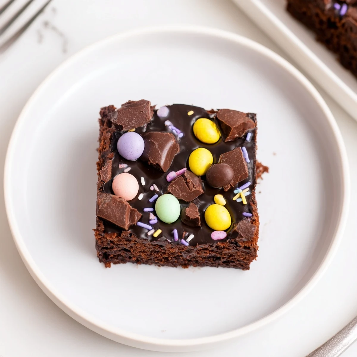 Chilled Gourmet Cosmic Brownies Bars sliced into squares, topped with crunchy candies.