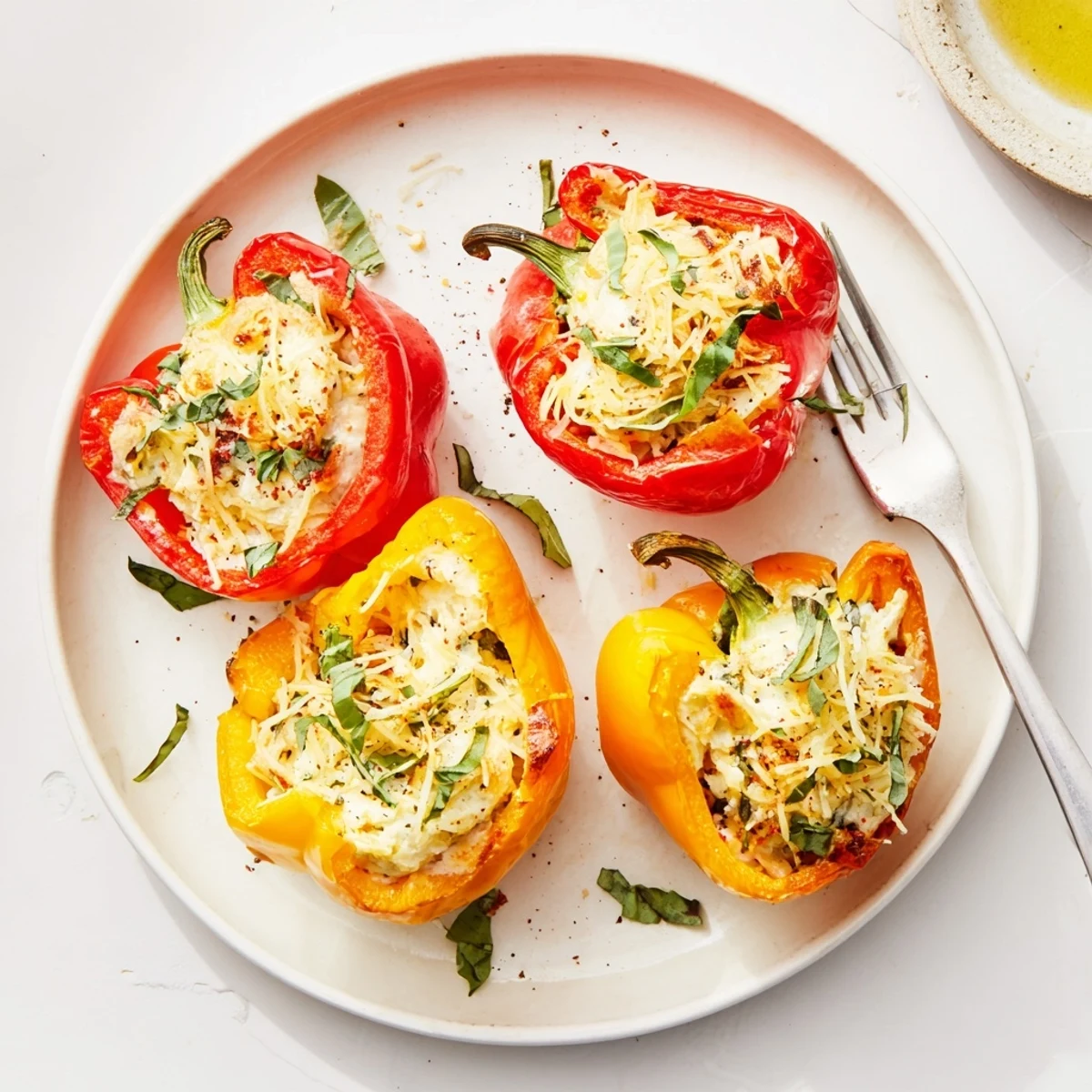 Warm from the oven Herby Ricotta Stuffed Peppers with lemony basil aroma.