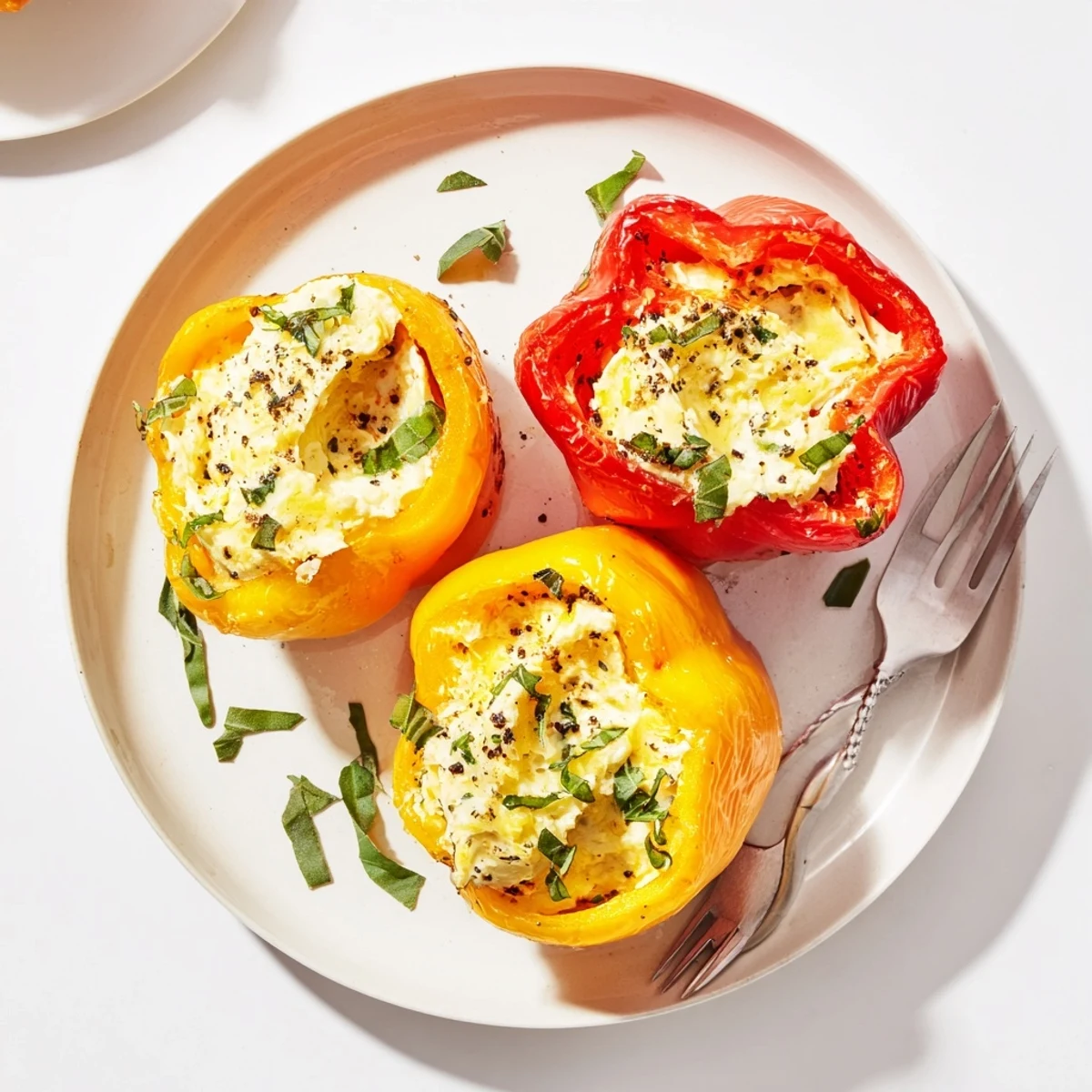 Herby Ricotta Stuffed Peppers, golden baked and aromatic, served warm with herbs.
