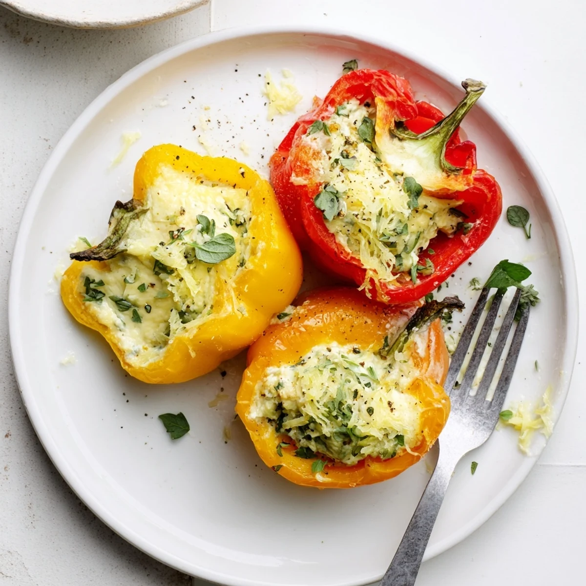 Sliced colorful Herby Ricotta Stuffed Peppers resting on plate beside crusty bread.