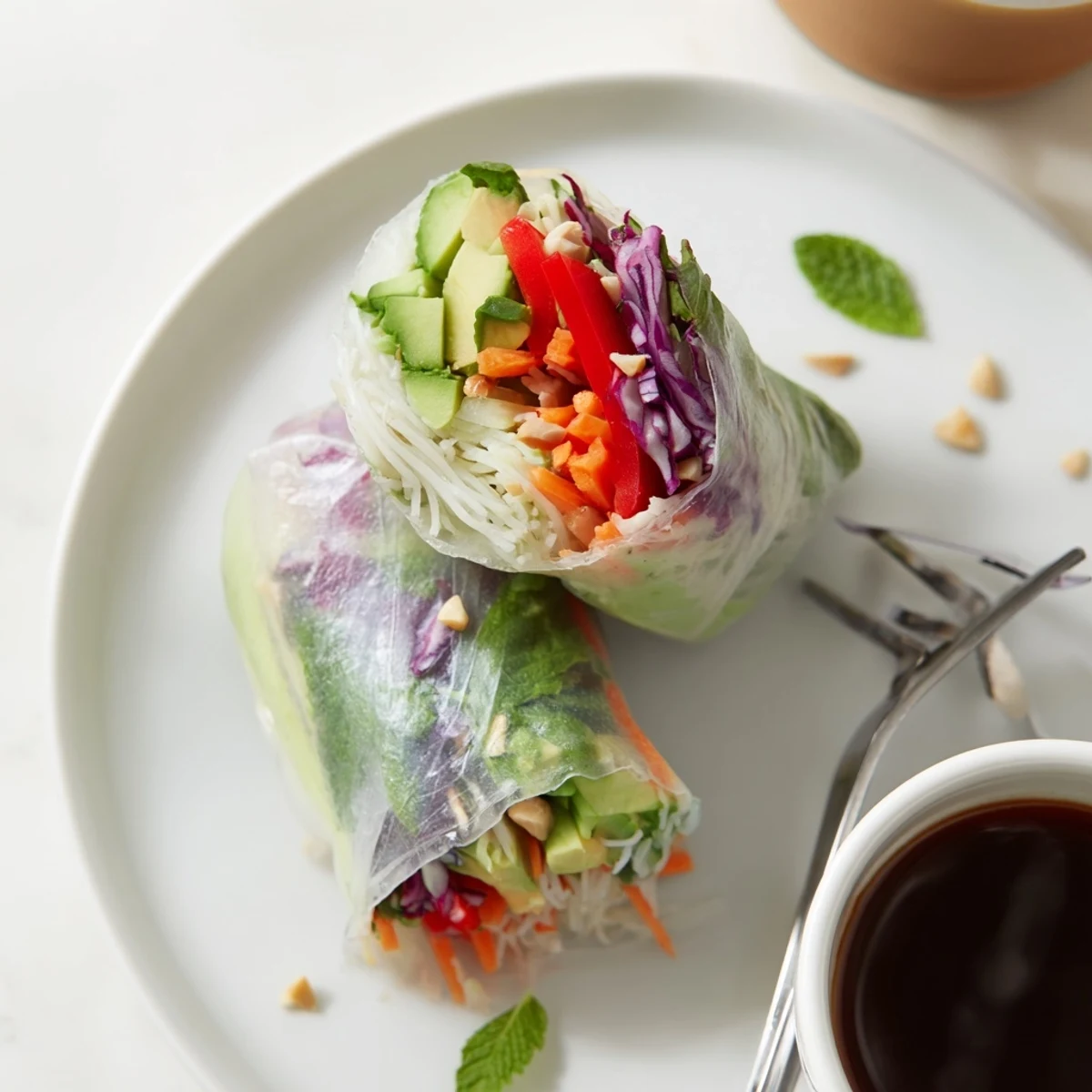 Hand holding Gluten Free Vegetable Spring Rolls over bowl of dipping sauce