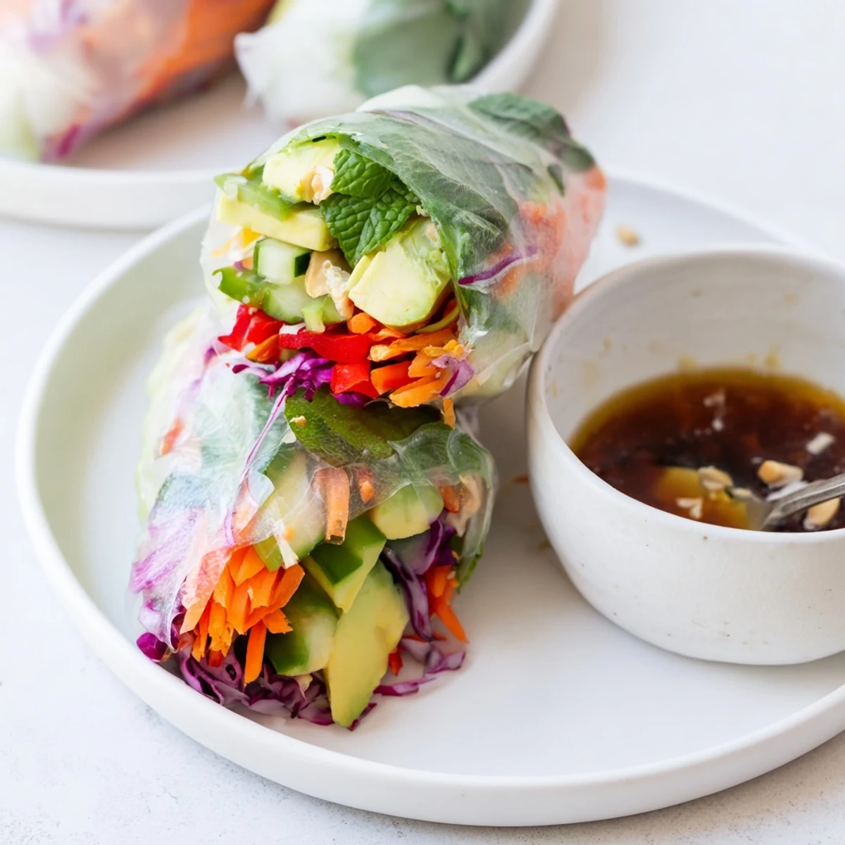 Plate of Gluten Free Vegetable Spring Rolls with avocado slices and mint