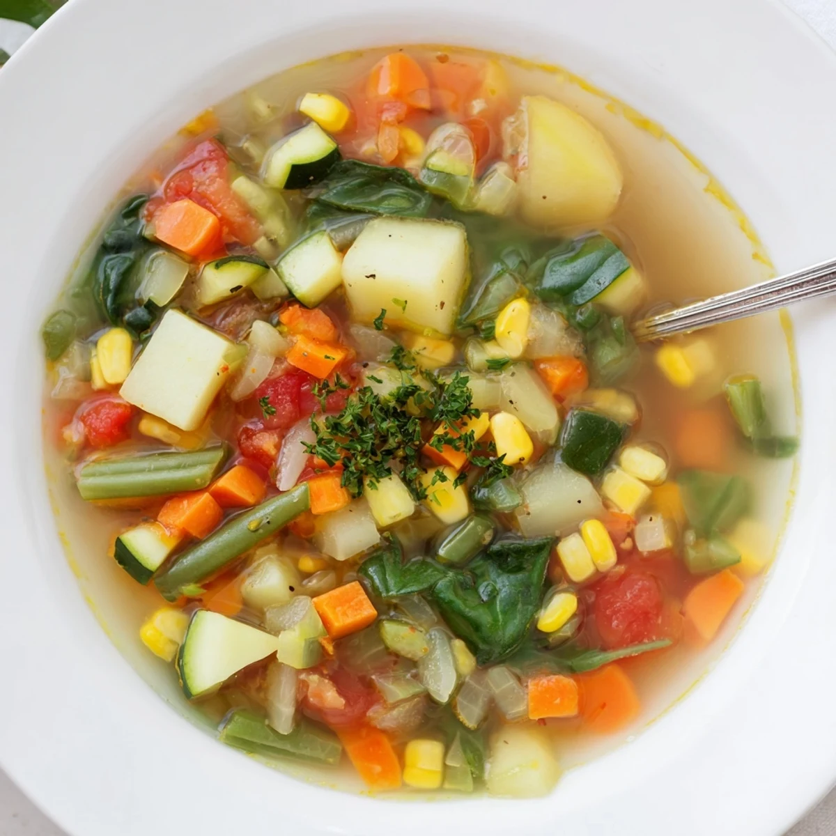 Vegetable Soup steaming in a deep bowl, bright veggies, fragrant herbs.  