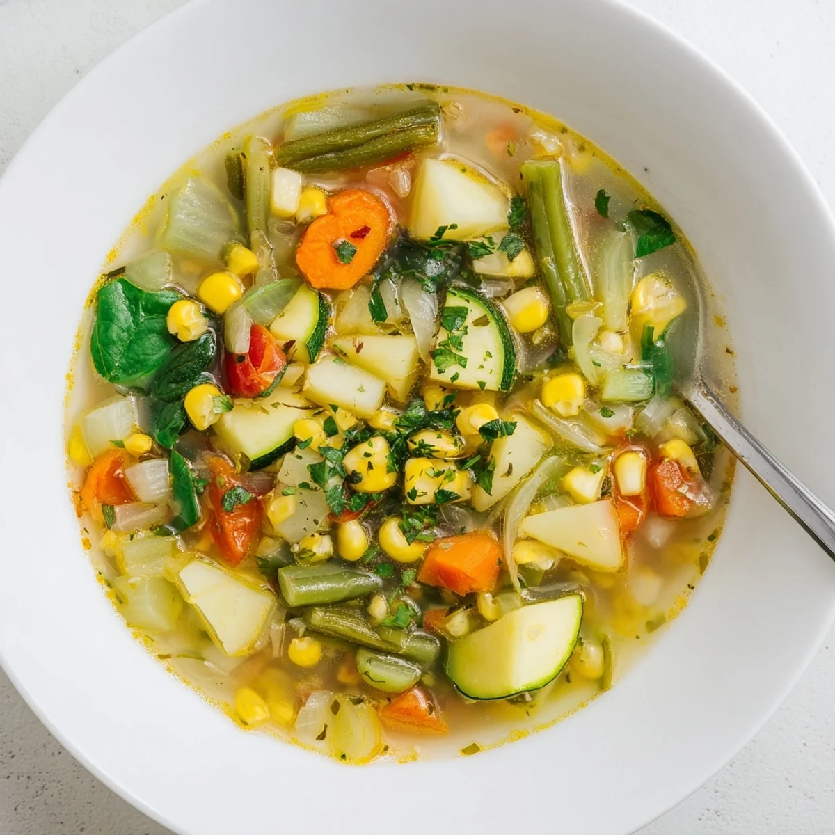 Hearty Vegetable Soup ladled beside crusty bread, savory broth, tender vegetables.  