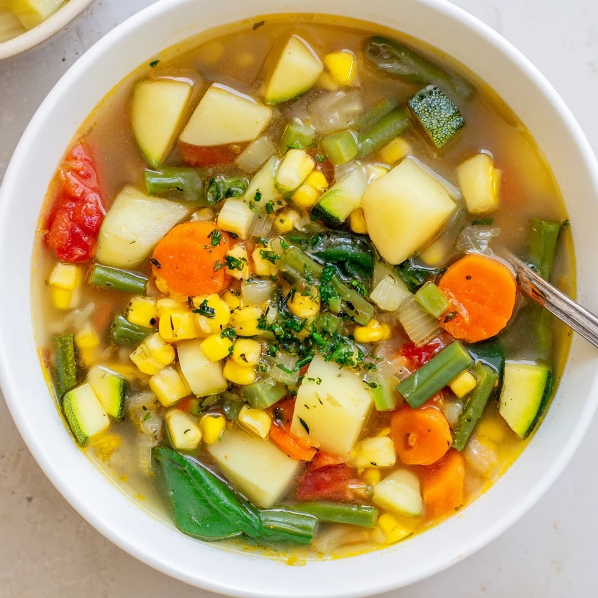 Bowl of homemade Vegetable Soup simmered with herbs, colorful seasonal vegetables.