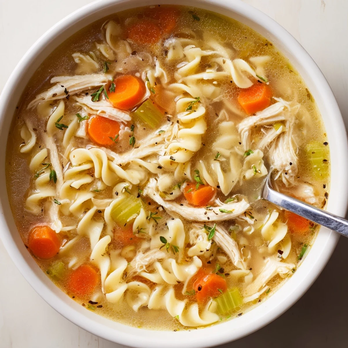 Steaming bowl of Chicken Noodle Soup, shredded chicken, carrots, fresh parsley