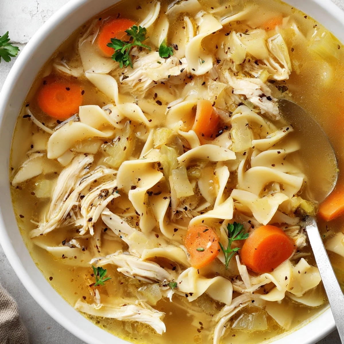 Comforting Chicken Noodle Soup with tender egg noodles, aromatic thyme and lemon