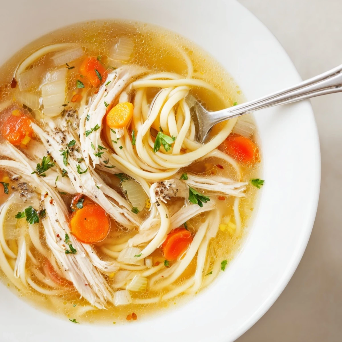 Homestyle Chicken Noodle Soup ladled hot from pot, savory broth and noodles