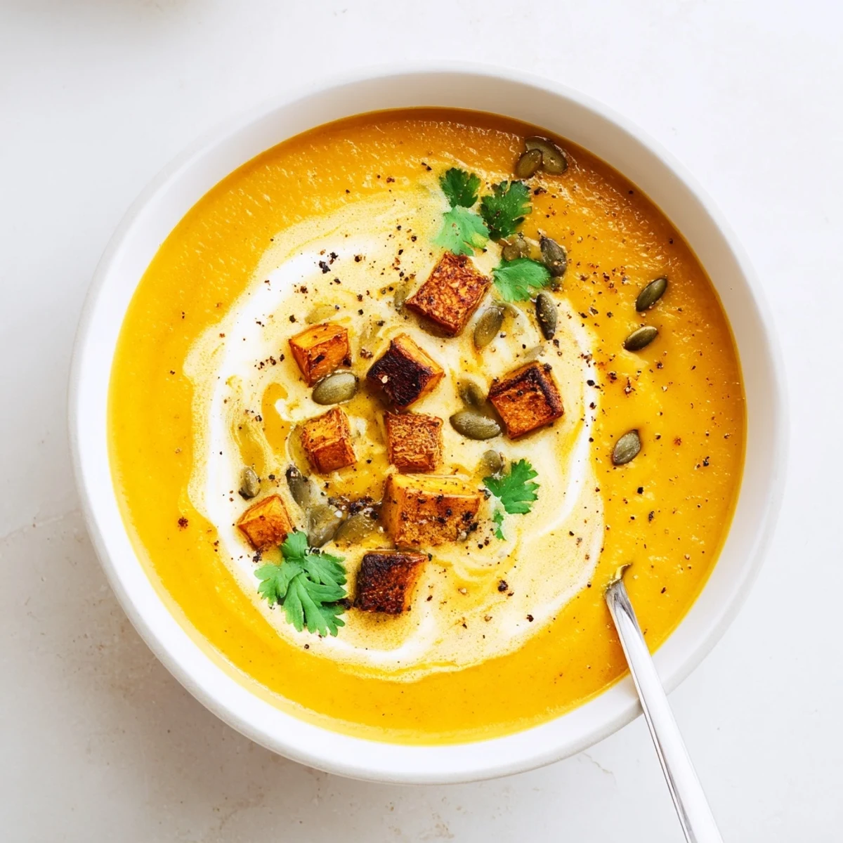 Pumpkin Soup: velvety orange puree topped with toasted pumpkin seeds and herbs