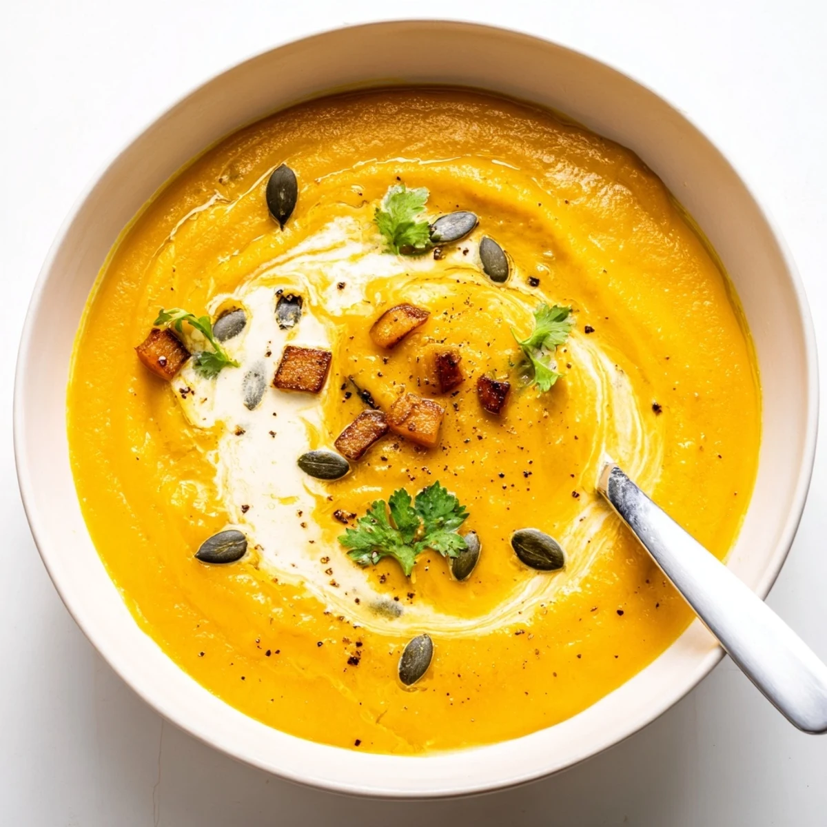 A steaming bowl of Pumpkin Soup with coconut cream swirl and crusty bread