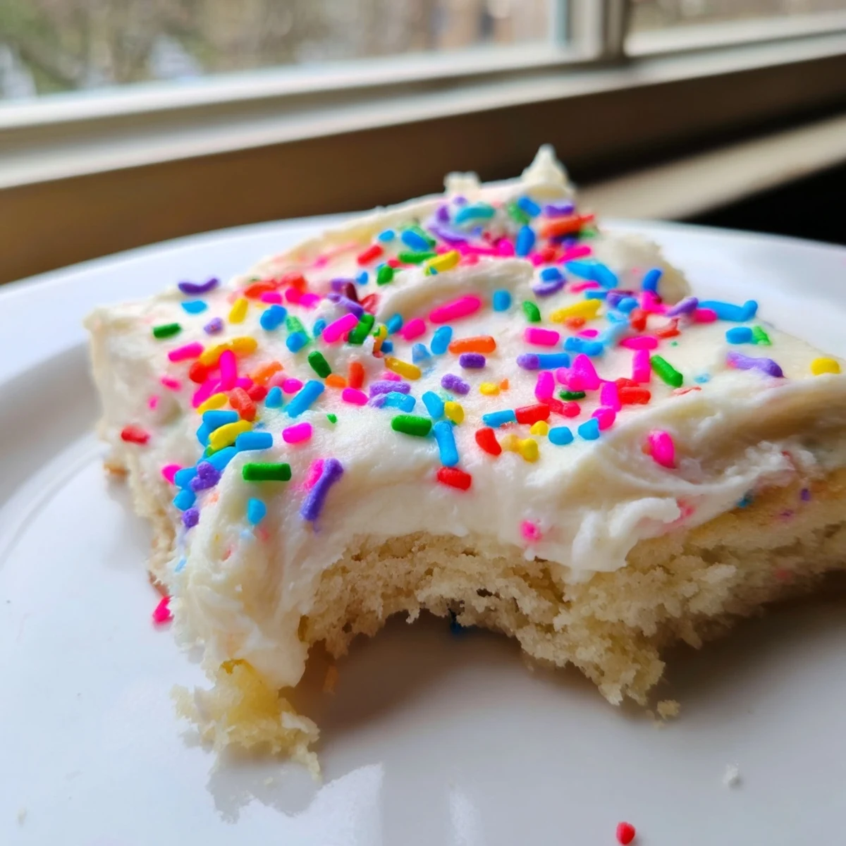 Golden frosted sugar cookie bars topped with creamy white buttercream and colorful sprinkles on a white serving platter