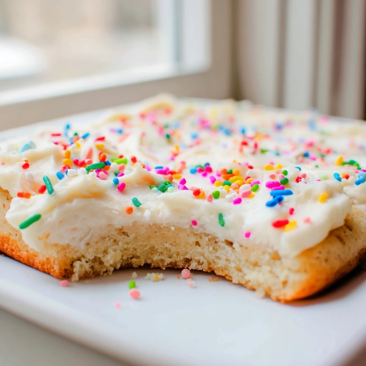Soft baked sugar cookie bars layered with smooth vanilla frosting and finished with festive rainbow sprinkles for dessert