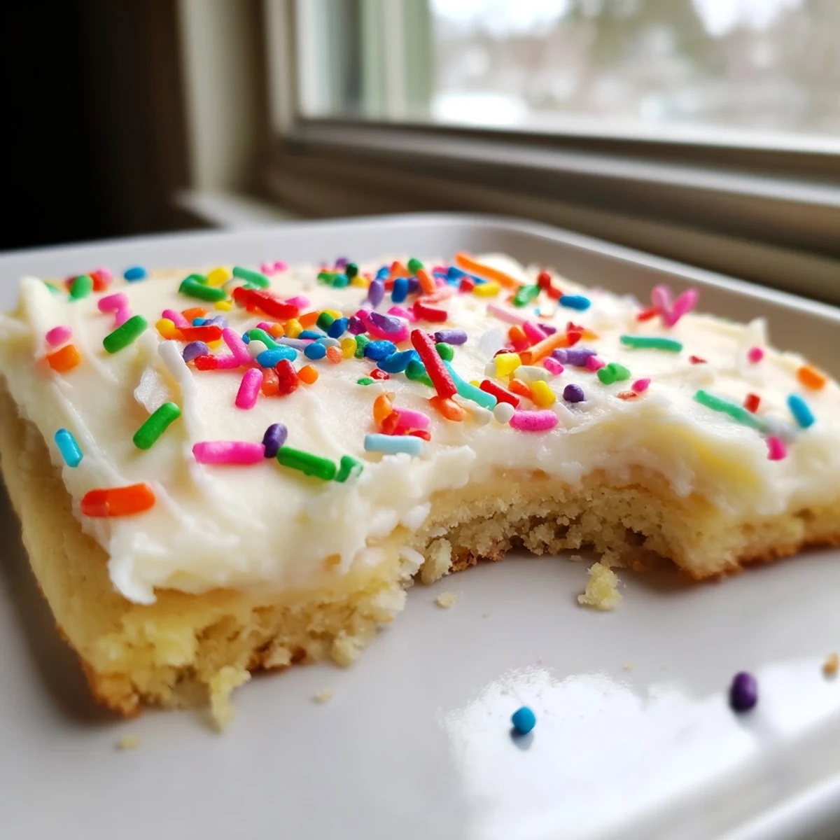 Thick sugar cookie bars spread generously with sweet creamy frosting and decorated with bright sprinkles for parties