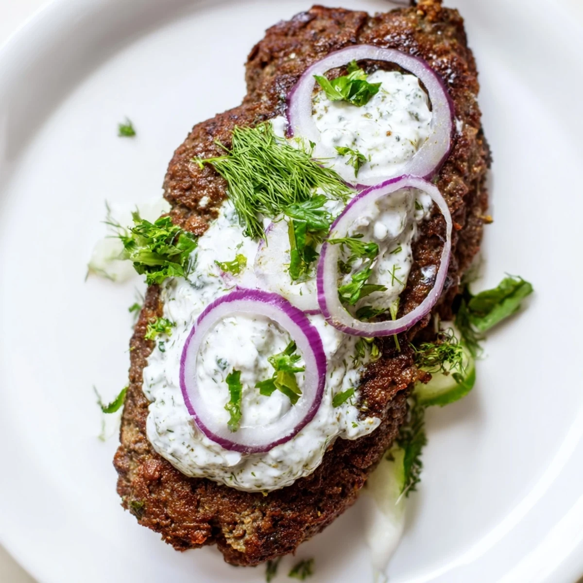 Golden smashed beef kebabs sizzling on a skillet with creamy cucumber yogurt sauce topping
