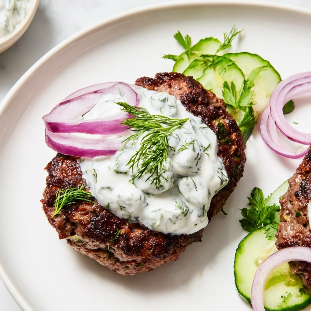 Hand-shaped Middle Eastern beef kebabs with crispy edges served alongside tangy yogurt dipping sauce