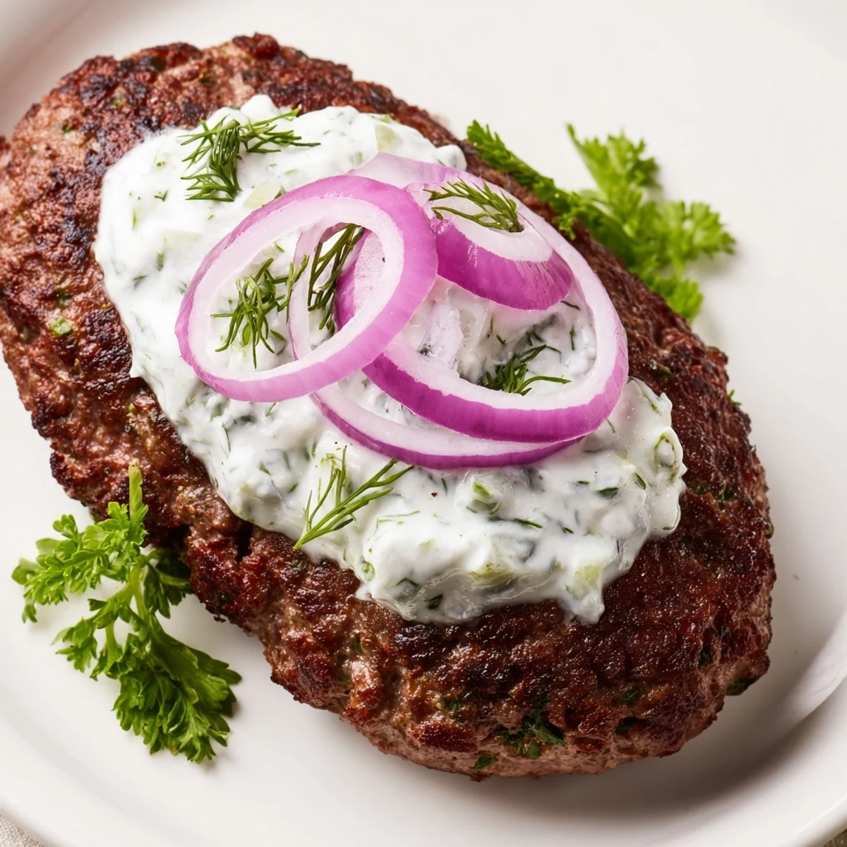 Juicy ground beef patties pan-fried to perfection with fresh herbs and cool cucumber yogurt garnish