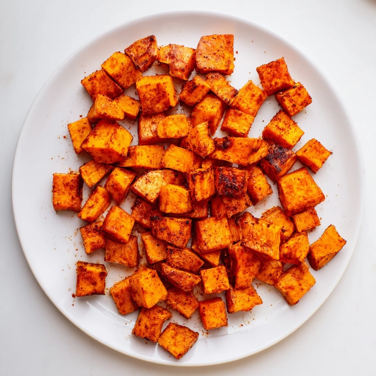 Golden brown air fryer sweet potato cubes with crispy edges and tender centers
