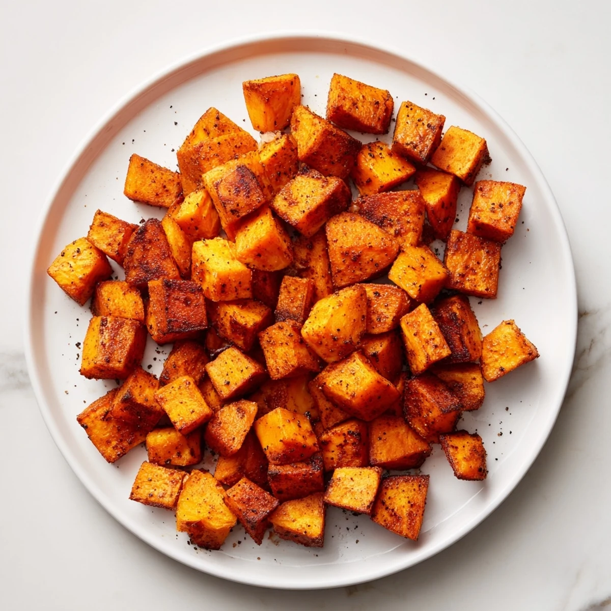 Seasoned sweet potato cubes arranged in air fryer basket with smoked paprika coating