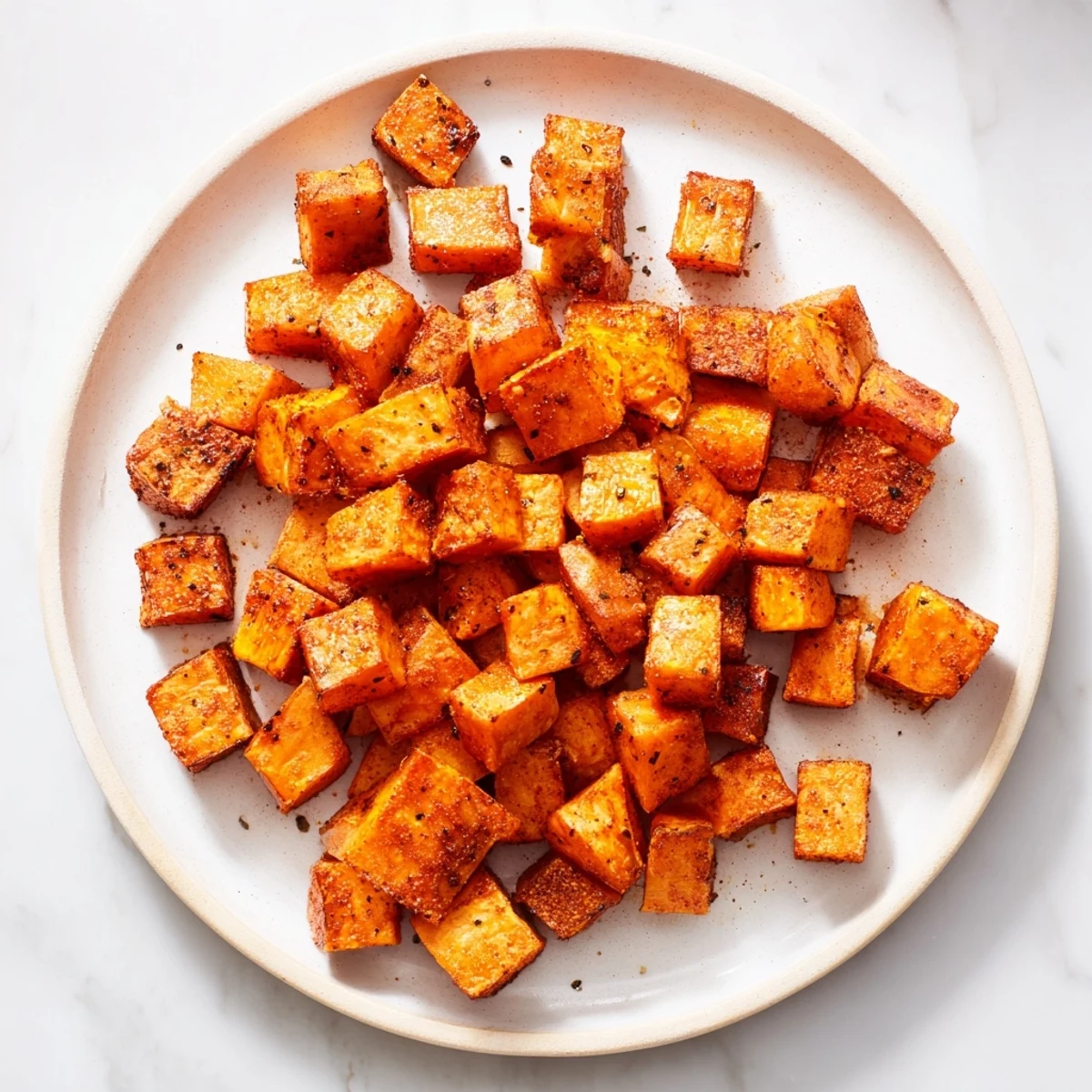 Crispy air fryer sweet potato cubes served in white bowl ready for garnishing