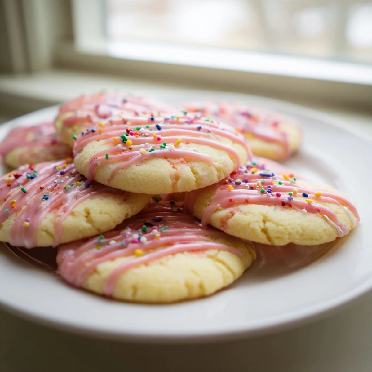 Soft buttery strawberry pop tart cookies filled with sweet jam and topped with vanilla drizzle