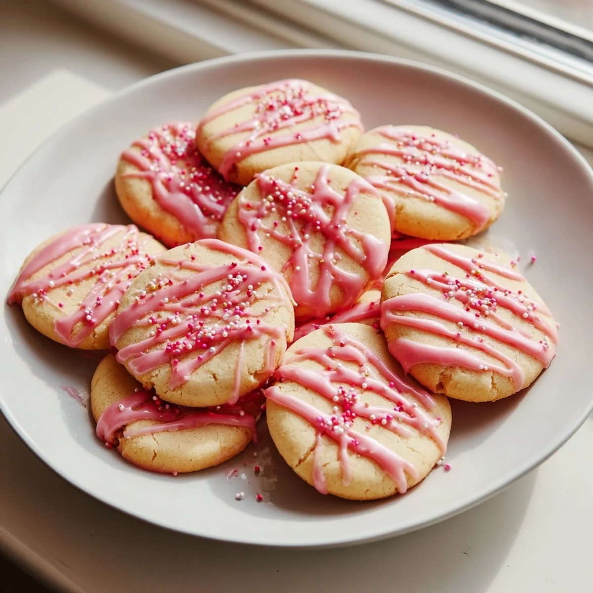 Golden strawberry pop tart cookies with pink glaze and colorful sprinkles on a white plate