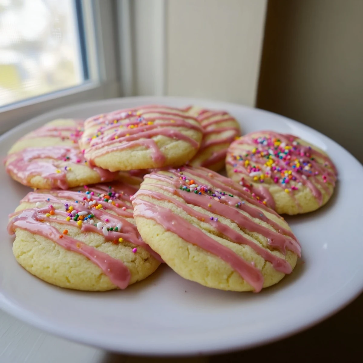 Freshly baked strawberry pop tart cookies with red jam centers and festive rainbow sprinkle topping