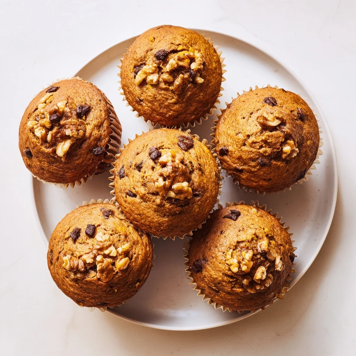Freshly baked butternut squash banana muffins with melting chocolate chips on a wooden cutting board