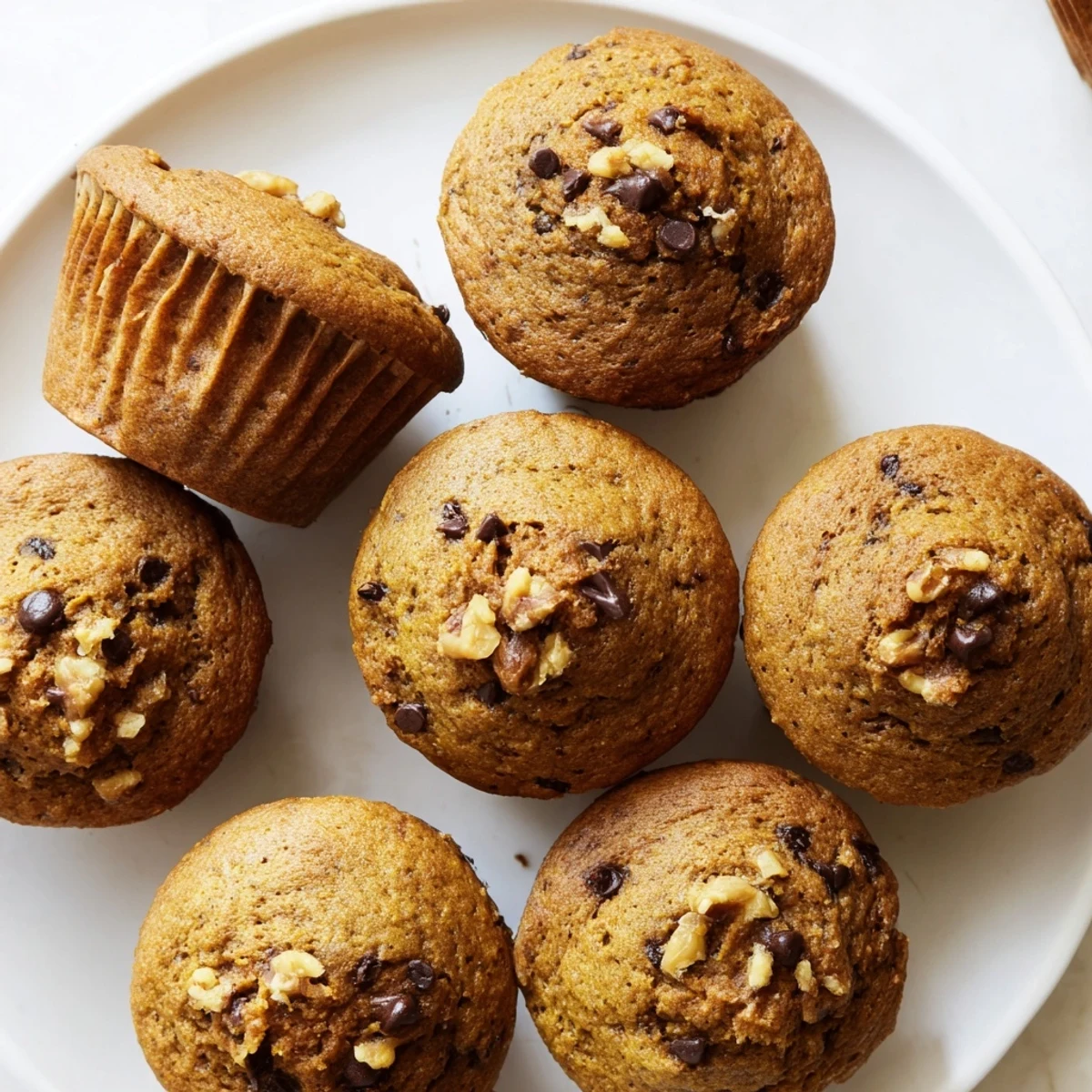 Golden butternut squash banana muffins topped with chopped walnuts on a wire cooling rack