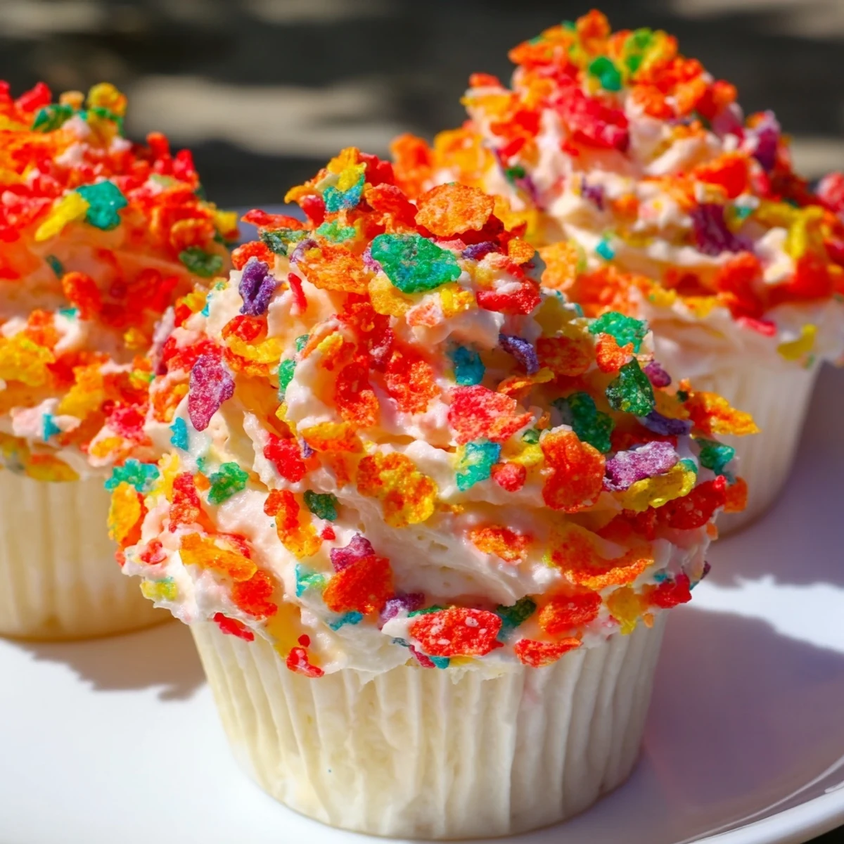 Vibrant Fruity Pebbles cereal frosting piped onto cupcakes with colorful cereal garnish