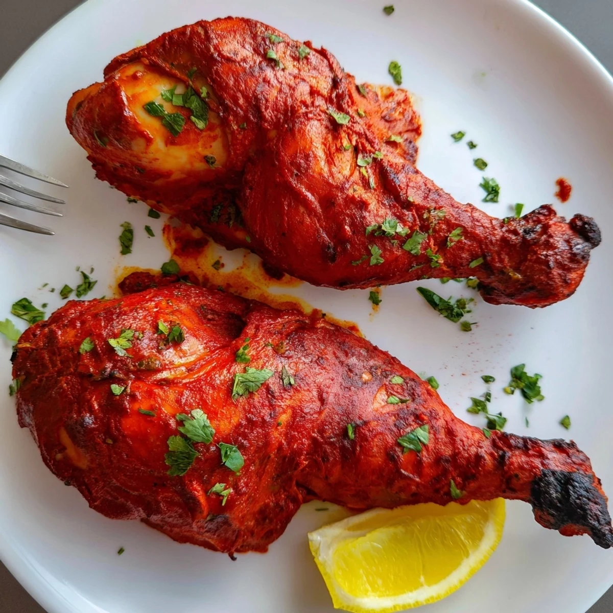 Charred, vibrant Tandoori Chicken resting on cilantro and lemon wedges