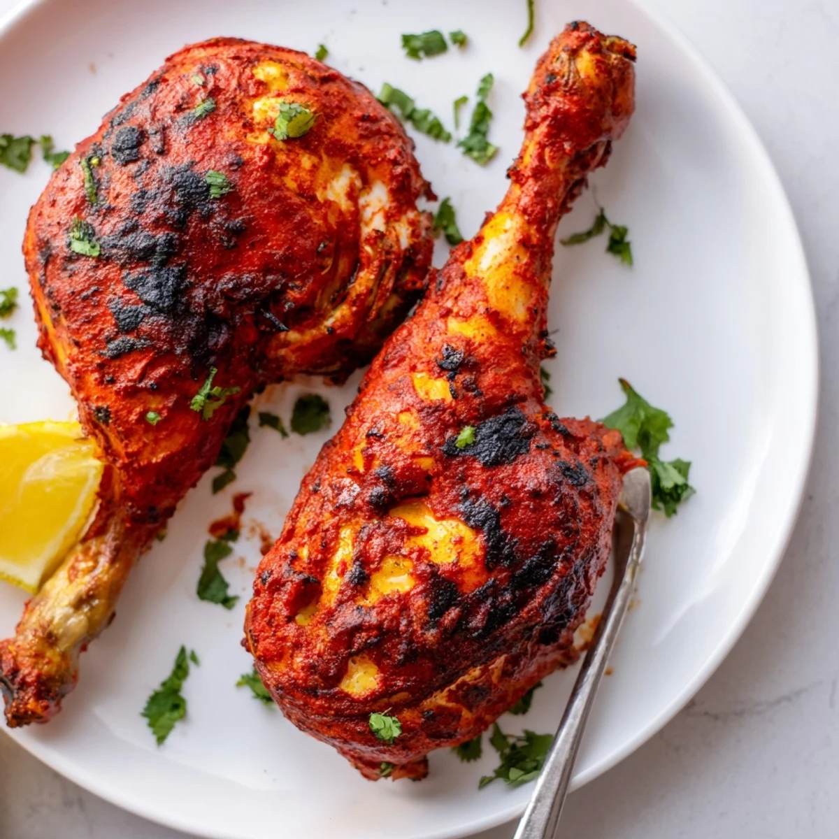 Red spiced Tandoori Chicken skewers sizzling on a hot grill with lemon wedges