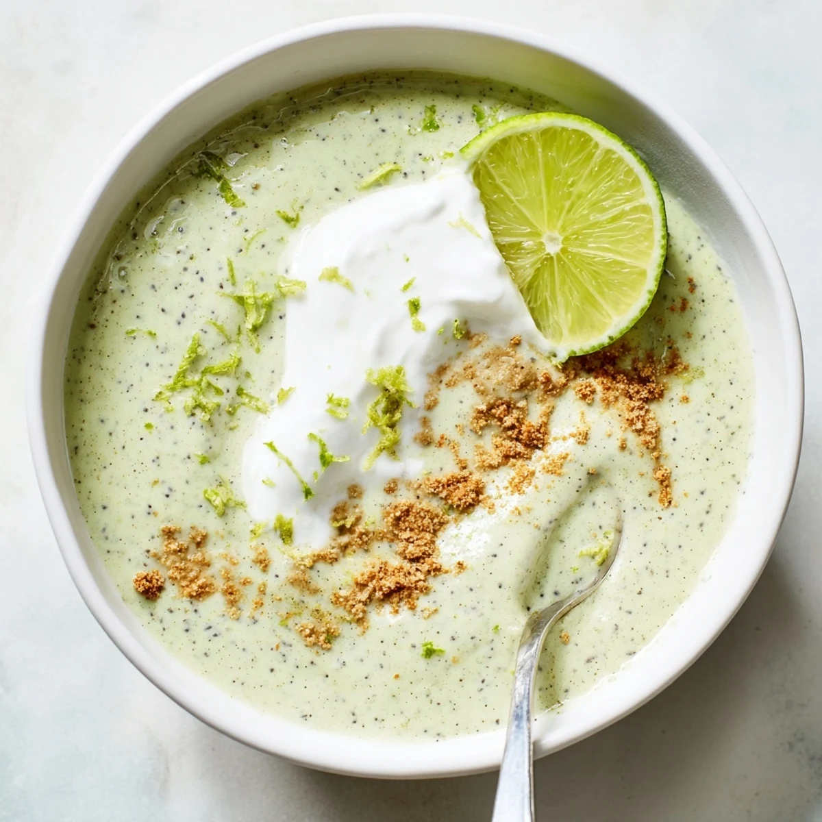 Key Lime Chia Pudding in glass jar with creamy lime zest swirl