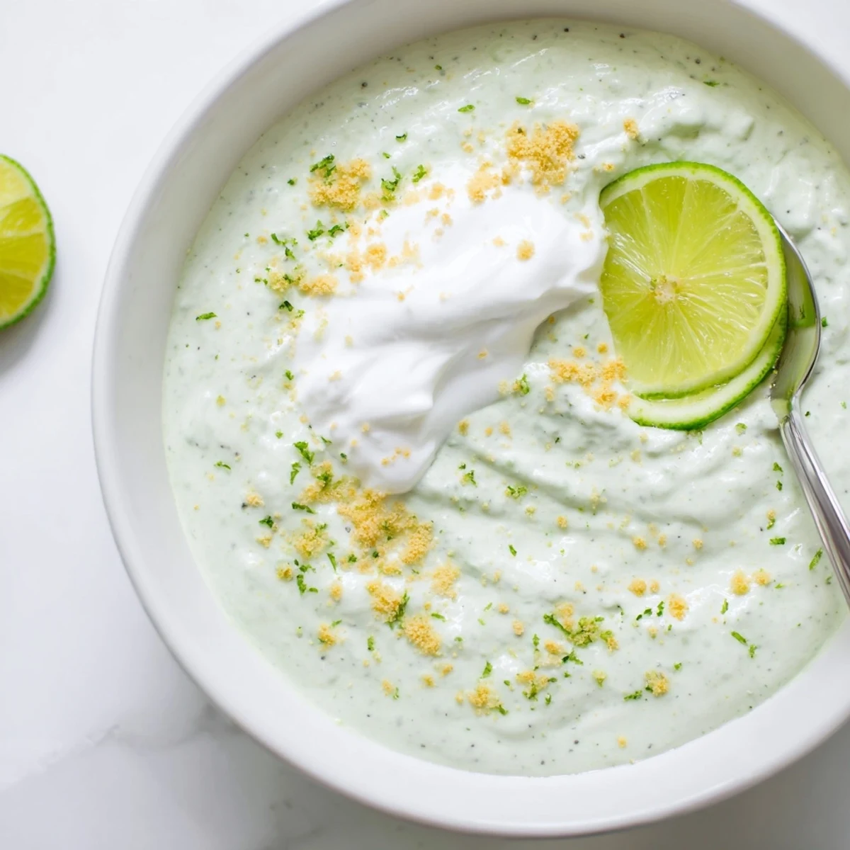 Bright Key Lime Chia Pudding garnished with coconut yogurt and graham crumbs