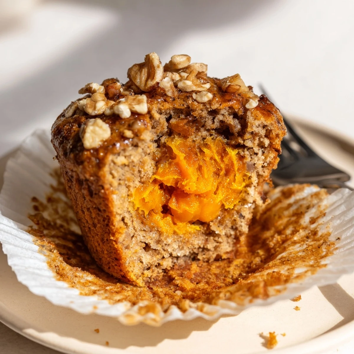 Freshly baked Butternut Squash Banana Muffins, moist crumb, walnut-studded bites